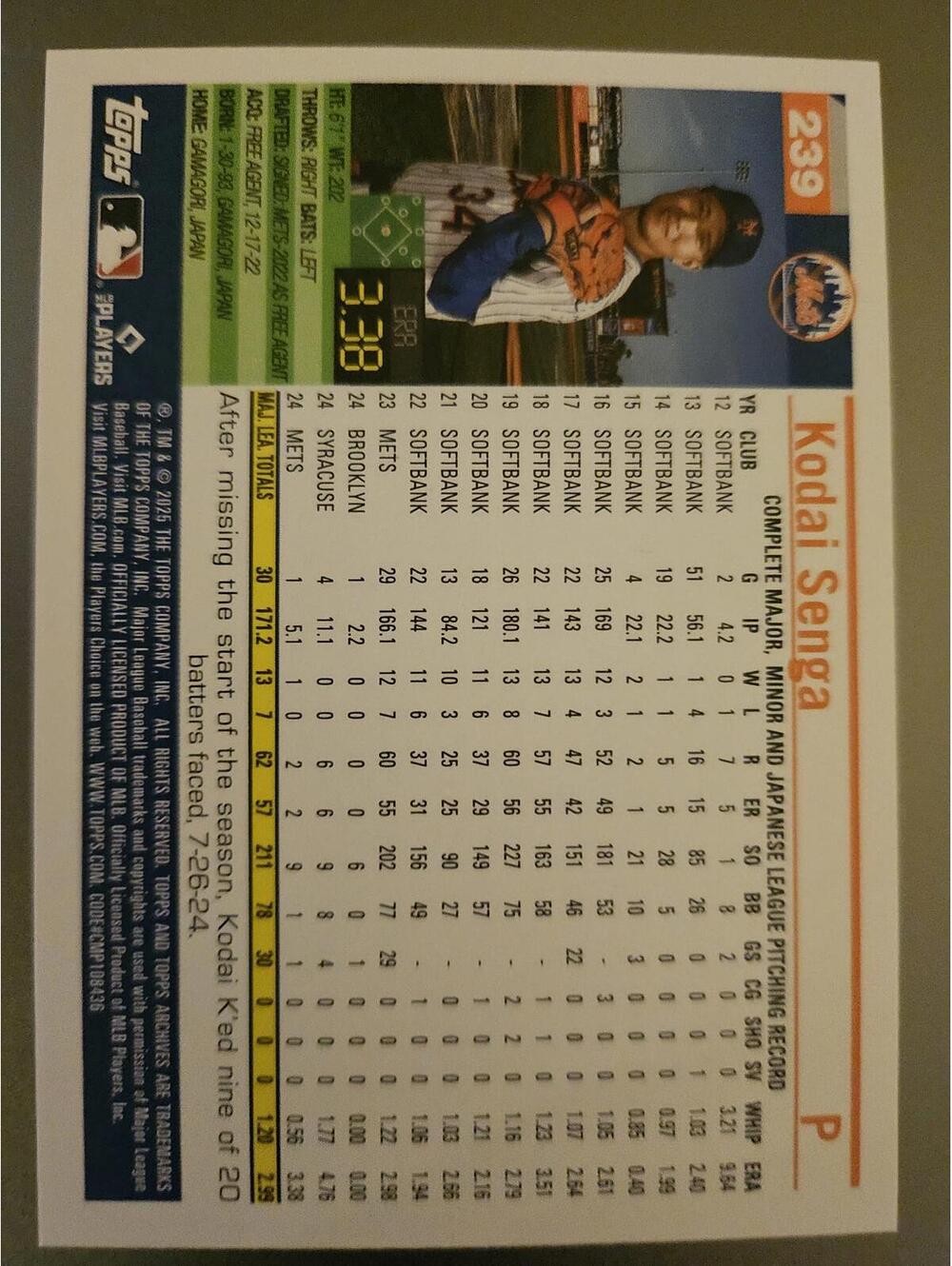 Kodai Senga - 2025 Topps Archives #239 - Mets - RAW mint - Picture 2 of 2